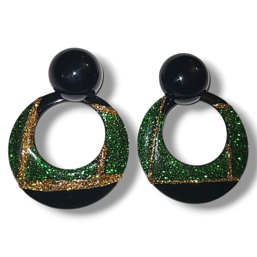 Vintage '80s Big Black Enamel Green & Gold Glitter Door Knocker Pierce Earrings